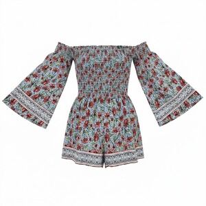 Altar'd State Celia Romper M Blue Red Floral Smocked Off Shoulder Bell Sleeve